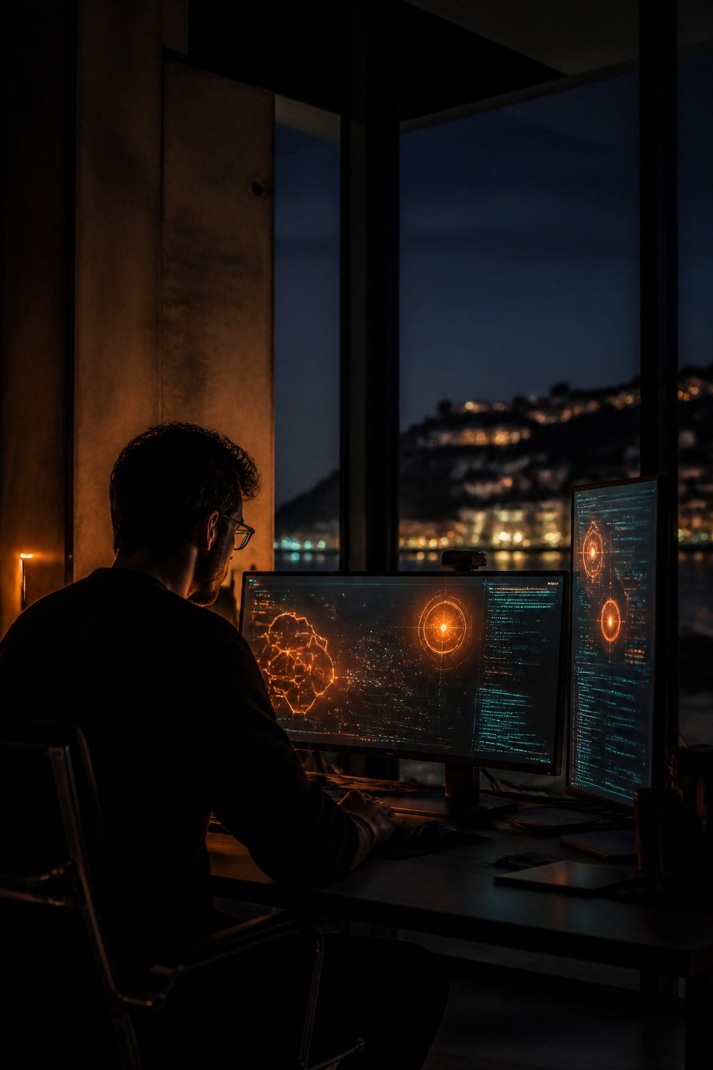 Prolimi engineer working on software with network graphs on dual screens